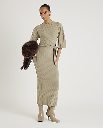 Khaki Wide Rib Cosy Midi Dress