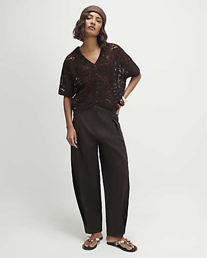 Brown Crochet Short Sleeve Cardigan