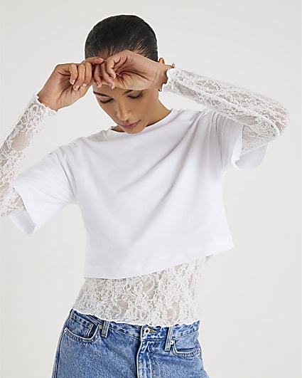 White Boxy Lace Hybrid T-shirt