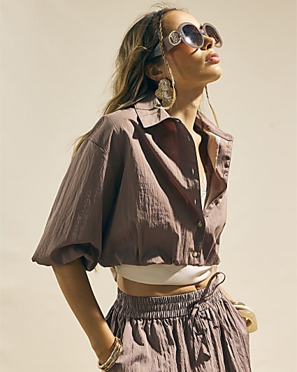 Brown Buttoned Bubble Hem Shirt