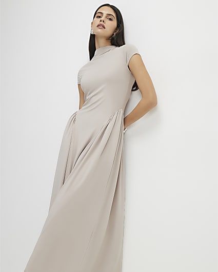 Beige Short Sleeve Fitted Waist Maxi Dress