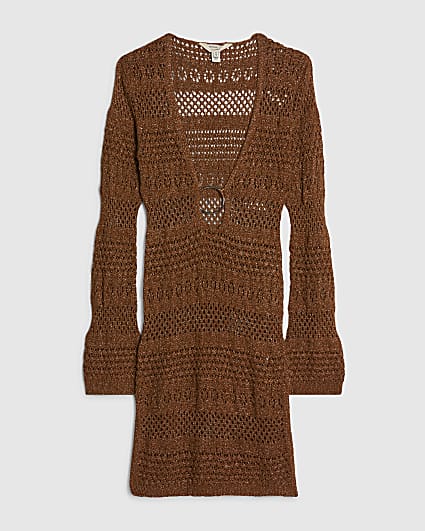Petite Brown Metallic Knit Mini Beach Dress