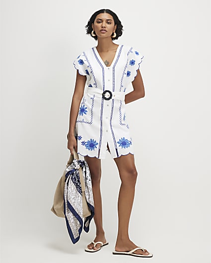 White Cotton Floral Embroidered Mini Dress