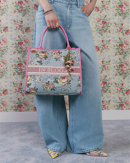 Blue Floral Jacquard Medium Tote Bag