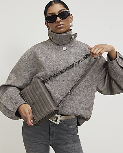 Grey Quilted Chain Shoulder Bag