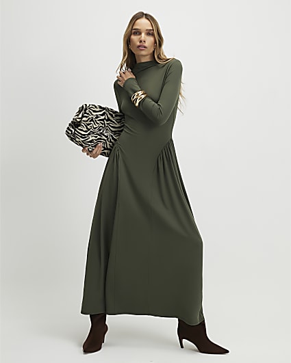 Khaki Long Sleeve Gathered Waist Maxi Dress