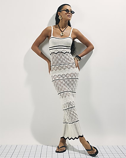 White Striped Knit Midi Dress