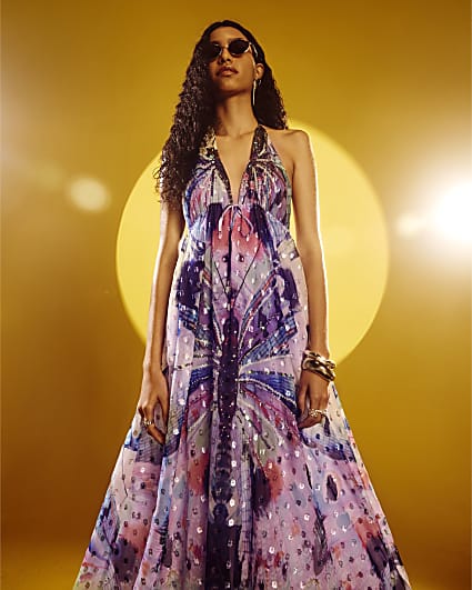 Purple Butterfly Embellished Maxi Dress
