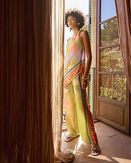 Green Printed Drawstring Wide Leg Trousers