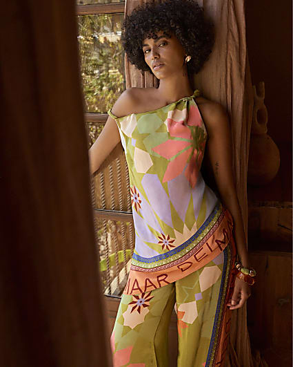 Green Asymmetric Placed Print Top