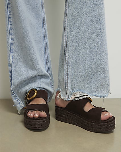 Brown Wide Fit Buckle Strap Wedge Sandals