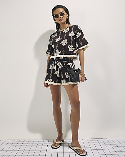 Brown Floral Shell Print Top And Shorts Set