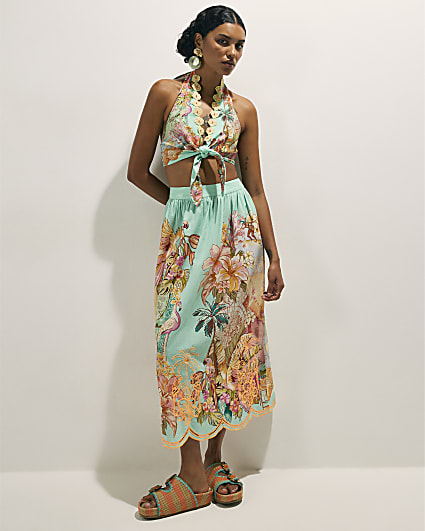 Green Cutwork Midi Skirt