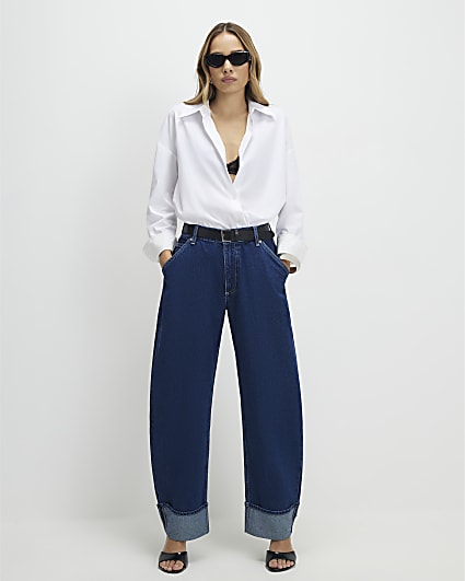 Blue Turn Up Cuff Barrel Leg Jeans