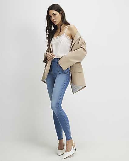 Blue Zip Front High Waisted Skinny Jeans