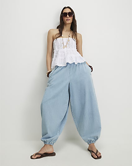 Blue Balloon Leg Denim Trousers
