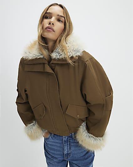 Khaki Faux Fur Trim Short Parka Jacket