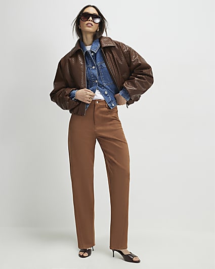 Brown Faux Suede Barrel Leg Trousers