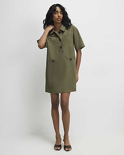 Khaki Faux Suede Short Sleeve Shirt Dress