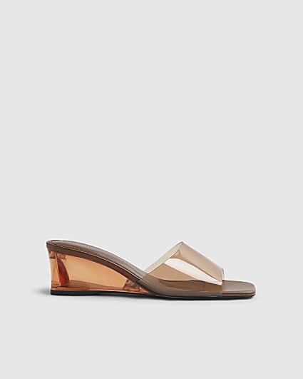 Brown Perspex Mule Wedge Sandals