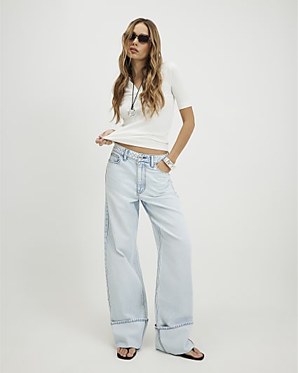 Blue Relaxed Straight Turn Up Hem Jeans