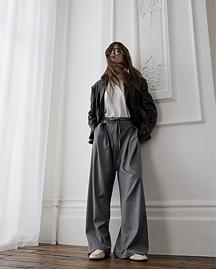 Grey Tie Front High Waisted Trouser