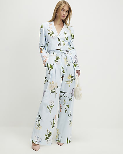Blue Floral Wide Leg Trousers
