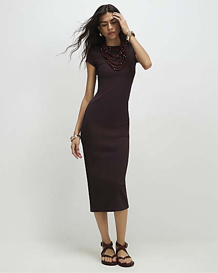 Brown Faux Leather Strappy Midi Dress | River Island
