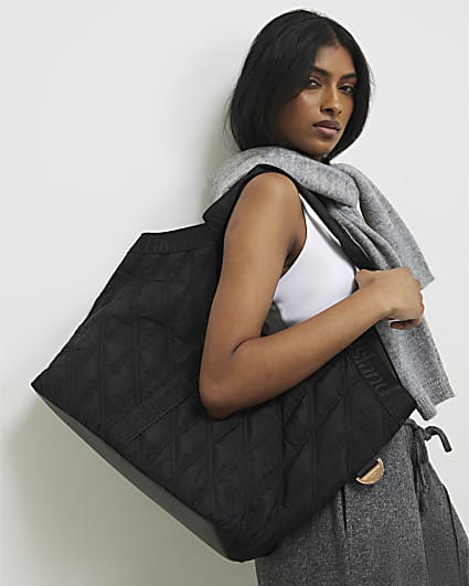 Black Padded Webbing Detail Shopper Bag