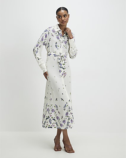 White Floral Midi Shirt Dress