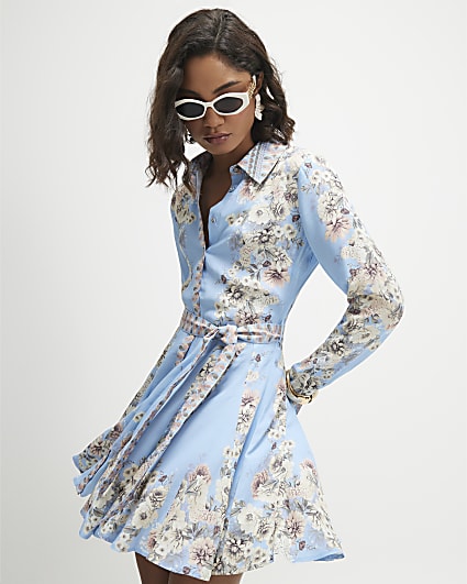 Blue Floral Godet Mini Shirt Dress