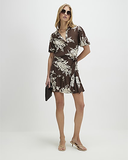 Brown Floral Shaped Mini Dress
