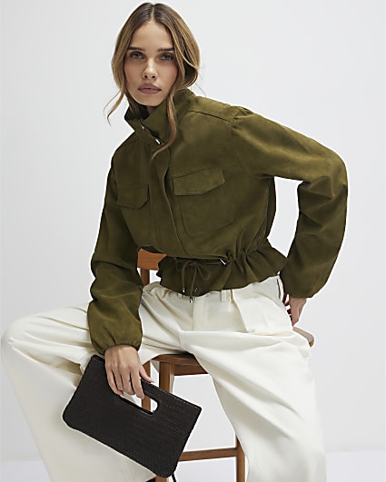 Khaki Funnel Neck Drawstring Jacket
