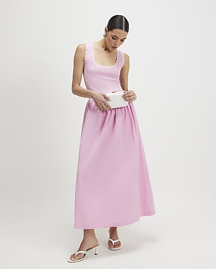 Pink Sleeveless Scallop Hybrid Maxi Dress