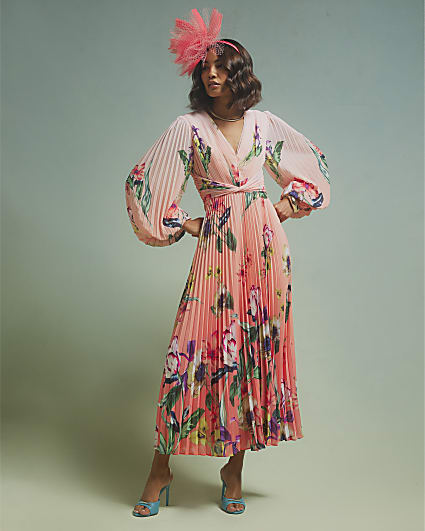 Pink Premium Plisse Floral Midi Dress