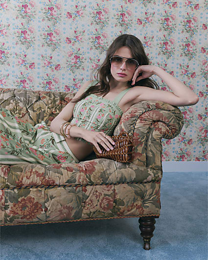 Green Floral Ruffle Trim Corset Top