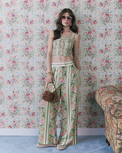 Green Floral High Waisted Wide Leg Trousers
