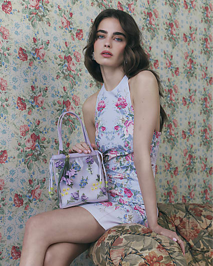 Purple Mesh Embroidered Mini Tote Bag