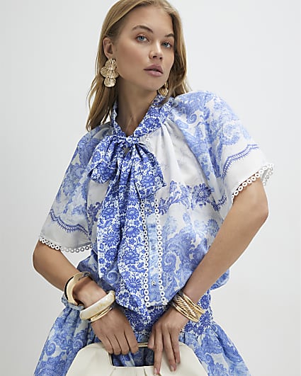 Blue Floral Pussybow Blouse