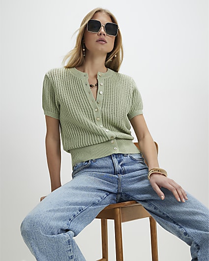 Green Knitted Button Through T-Shirt