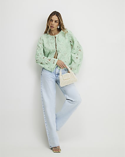 Green 3D Flower Tie Front Jacket