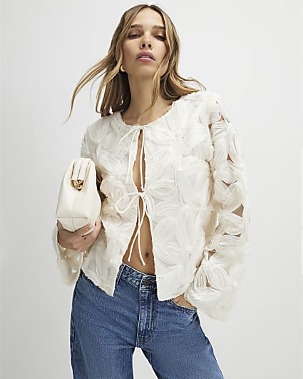 Cream Long Sleeve 3D Floral Jacket