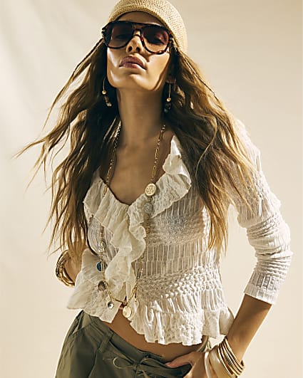 Cream Long Sleeve Ruffle Peplum Top