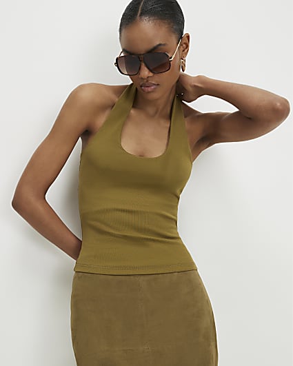 Khaki Cotton Blend Halter Neck Tank Top