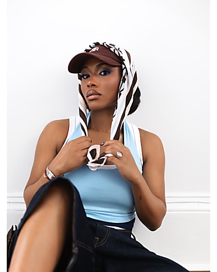Blue Cotton Blend Halter Neck Tank Top