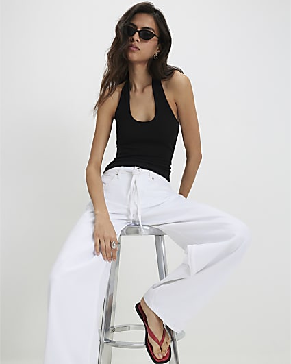 Black Cotton Blend Halter Neck Tank Top