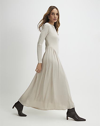 Beige Long Sleeve Gathered Waist Maxi Dress