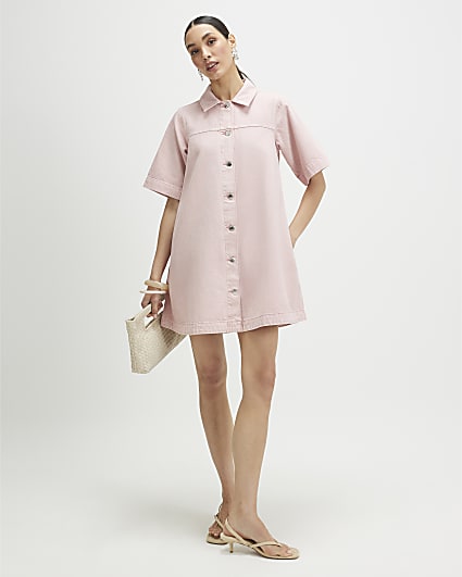 Pink Button Through Denim Dress