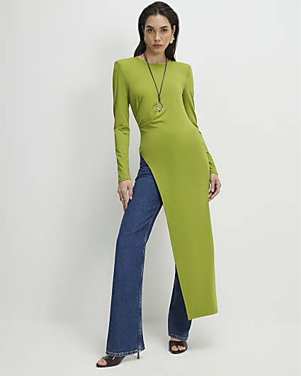 Green Shoulder Pad Long Asymmetric Top