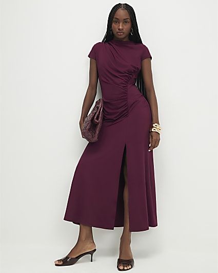 Purple Short Sleeve High Neck Maxi Dress